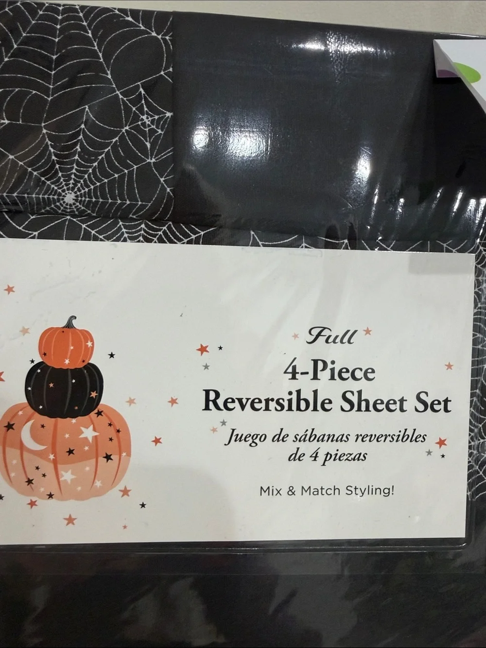 Full 4 Piece Reversible Halloween Sheet Set in Black & White Spiderweb Print